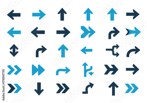Set of arrow variations in blue pointing in different directions