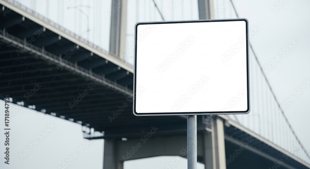 Obraz premium Clean White Square Signboard Mockup Against Blurry Modern Suspension Bridge Architecture