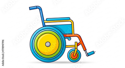 Colorful wheelchair illustration for accessibility resources and healthcare equipment design elements use case