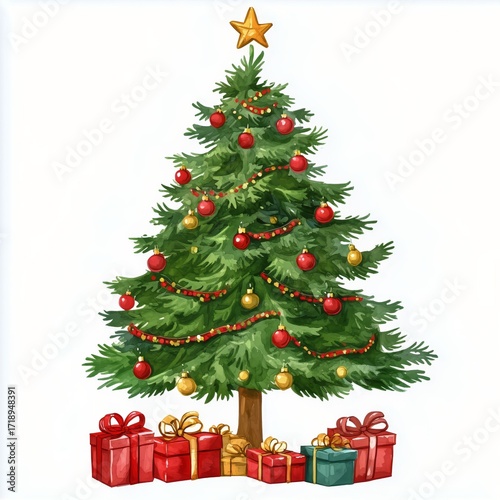 Colorful Christmas Tree Adorned With Lights and Gifts in a Festive Setting