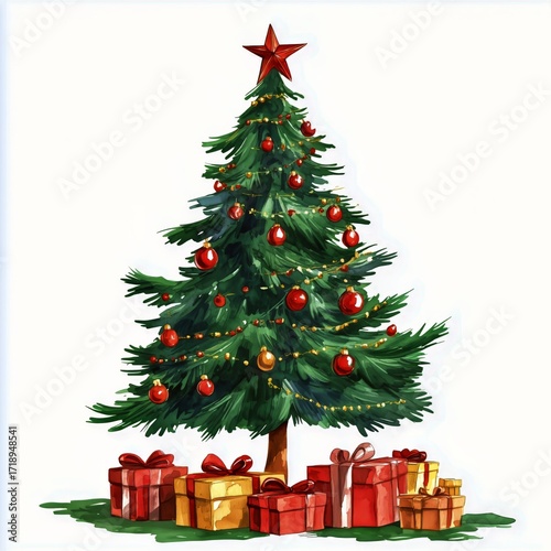 Festive Christmas Tree Adorned With Ornaments and Wrapped Gifts.