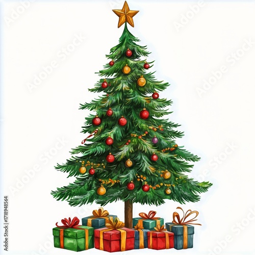 Colorful Christmas Tree Adorned With Lights and Gifts in a Festive Setting.