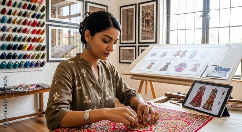 Indian Artisan Working on Intricate Textile Design in Studio