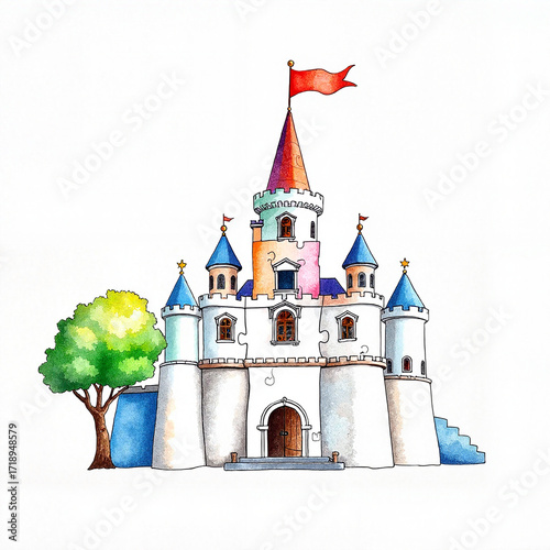 Fairytale castle with turrets and flag, whimsical design, historic architecture, enchanting concept