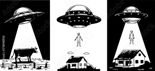 Alien abductions illustrations flying saucers capturing a cow, human, and house in vintage sci-fi style. Perfect for prints, stickers, t-shirts designs. Vector illustration.