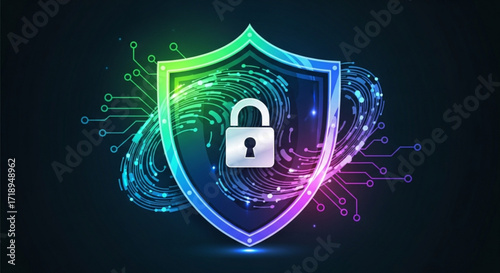 Cybersecurity data protection shield with padlock for online privacy and network security illustration concept