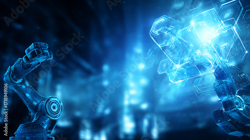 Robotic arms interacting with holographic data in a futuristic blue-lit environment