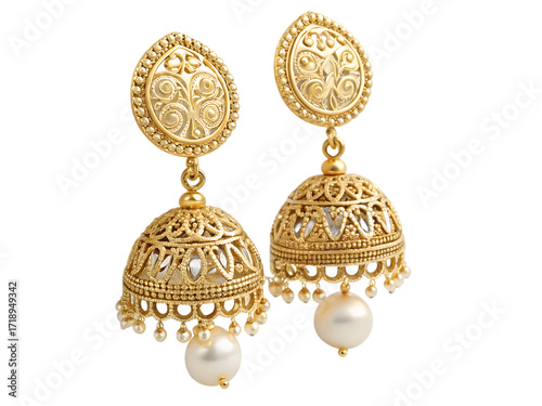 Elegant golden jhumka earrings with pearls, perfect for weddings and special occasions, rich heritage design,isolated on white background