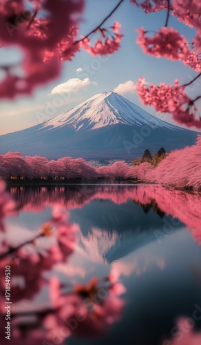 Mount Fuji Surrounded by Cherry Blossoms Reflected in Calm Water During Sprin...