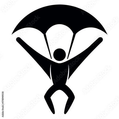 Stylized Black Silhouette of Parachutist with Open Parachute Against White Background For Design