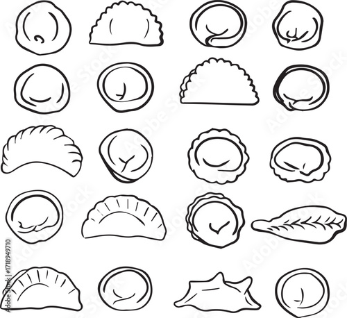 Doodle illustration of dumplings. Making dumplings. Varieties of ravioli.