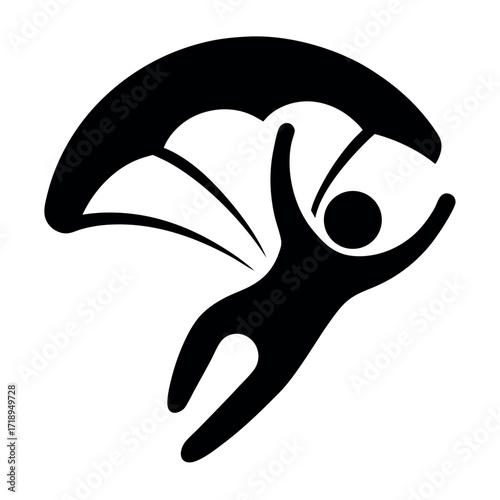 Black Silhouette Illustration Person Skydiving with Parachute, Arms Raised, Adventure and Thrill