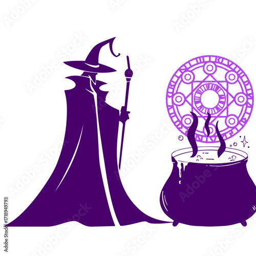 vector illustration of a witch making a mystical potion