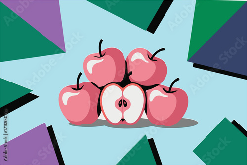 Vibrant illustration of a cluster of pink apples, with one sliced open, against a pastel background with geometric shapes.