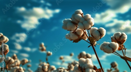 Cotton Plants in Bloom Under a Clear Blue Sky During Late Afternoon Light.