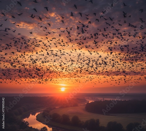 Flock of birds migrating across sunset sky