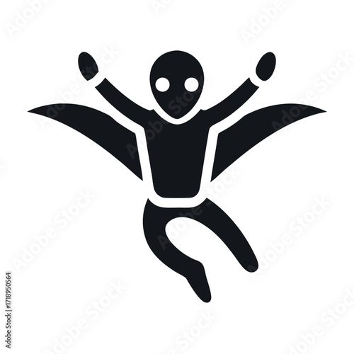 Flat Black Silhouette of a Winged Superhero Figure with Arms and One Leg Extended