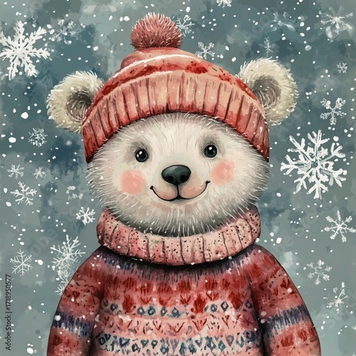 Cute Bear Wearing a Knitted Sweater and Hat While Snow Falls in a Winter Wond...