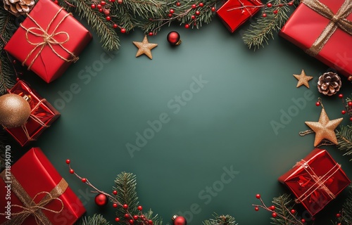 Festive Scene With Red Gifts and Holiday Decorations on a Green Background