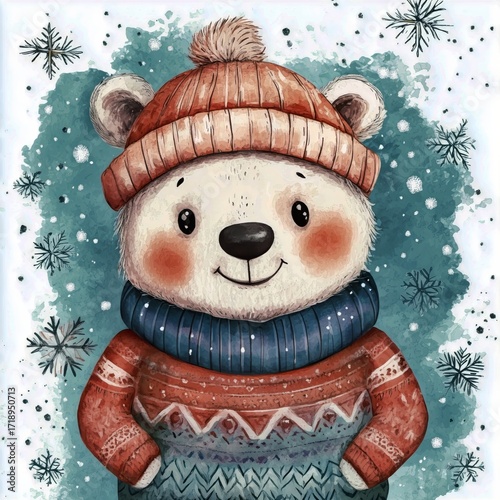 Cute Cartoon Bear in Warm Sweater and Hat Enjoying Winter Snow Scene.