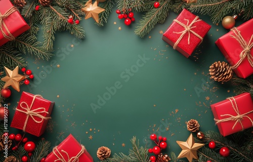 Festive Scene With Red Gifts and Holiday Decorations on a Green Background.