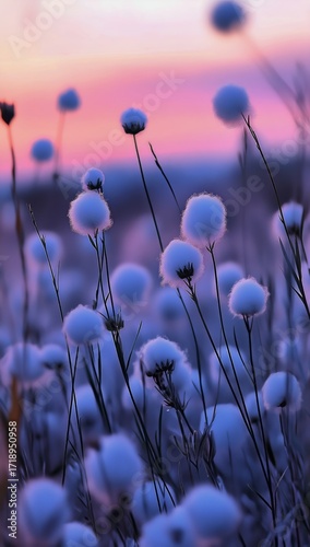Cotton Flowers Sway Gently in the Evening Light During Sunset in a Beautiful ...