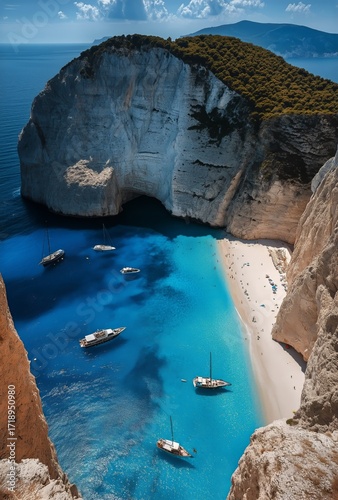 Beautiful Seascape View of Natural Cove With Turquoise Water and Sailboats in...