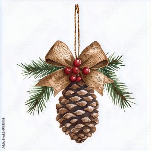 Pinecone Decoration With Red Berries and Green Branches for Winter Festivities.