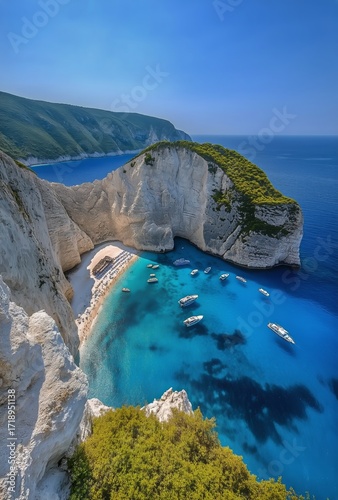 Beautiful Seascape View of Natural Cove With Turquoise Water and Sailboats in...
