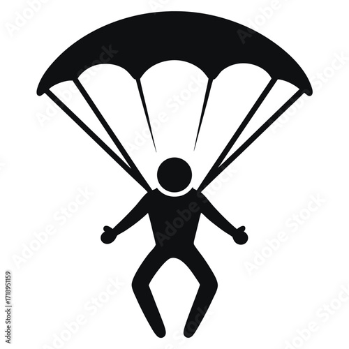 Silhouette Illustration Person Skydiving with Parachute, Simple Black and White Design Element