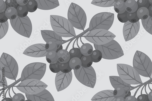 Seamless pattern of stylized blueberries and leaves, rendered in a graphic, monochrome style.