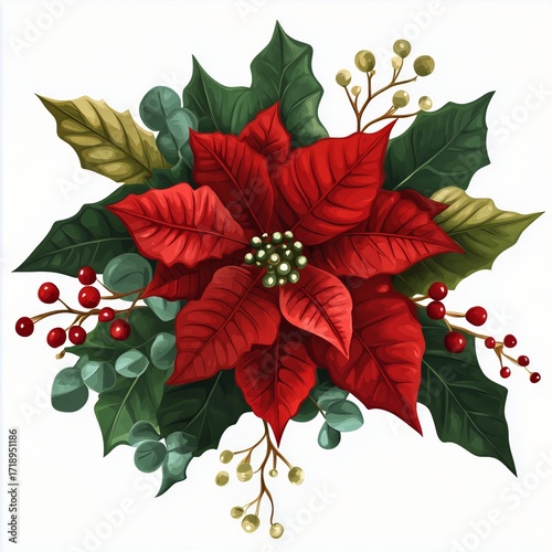 Beautiful Poinsettia Arrangement With Green Leaves and Berries for Winter Dec...
