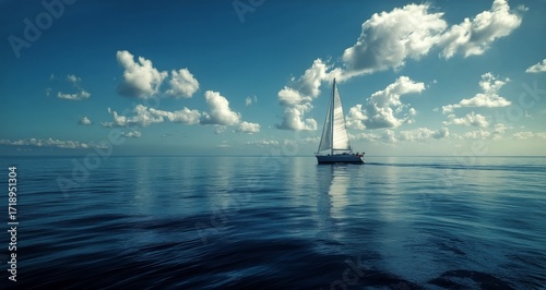 Sailboat Glides Over Calm Water Under a Bright Blue Sky With Fluffy White Clo...