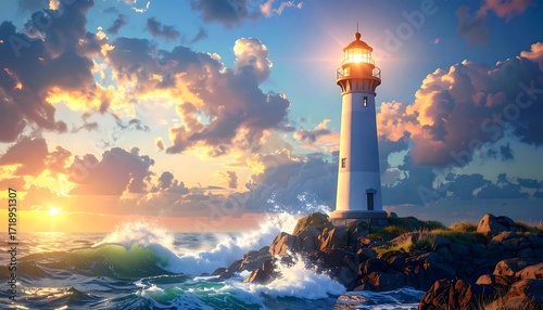 Dramatic lighthouse at sunset over turbulent sea