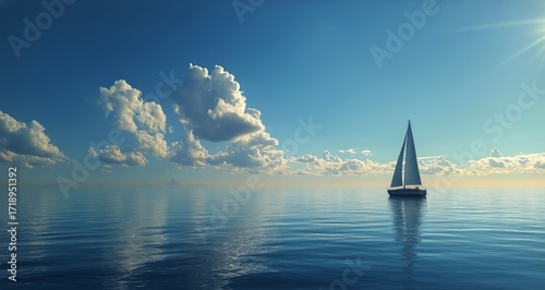 Sailboat Gliding Across Calm Waters Under a Clear Sky at Sunset.