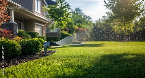 Beautiful Landscaped Yard With Sprinkler System Near Cozy House on a Sunny Day.