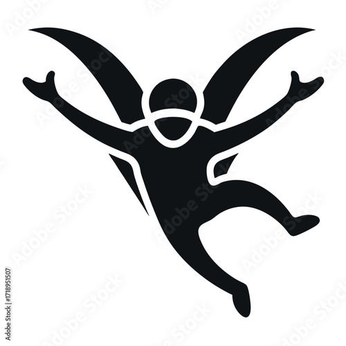 Silhouette Skydiver with Wingsuit in Freefall Position, Open Arms, on White Background