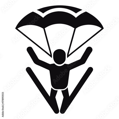 Skydiver Icon Black Silhouette of Parachutist with Open Arms Above Skis, Isolated on White