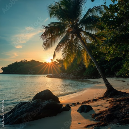 Sunset View Over Calm Beach With Palm Trees and Soft Waves in Tropical Paradise.