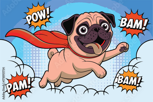 Joyful pug superhero dog flying through clouds with comic book sound effects