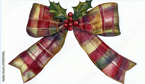 Elegant Red and Green Plaid Bow With Holly Leaves and Berries for Holiday Decor