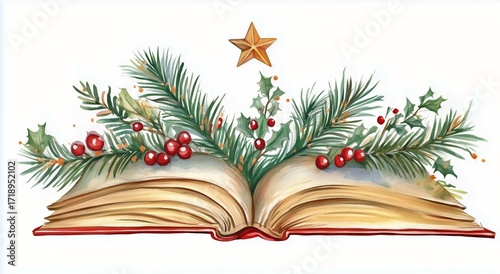 Open Book With Christmas Decorations Including Holly, Berries, and a Star on Top