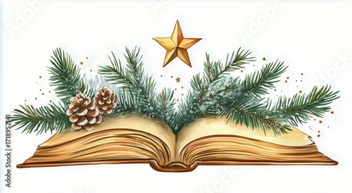 Open Book With Christmas Decorations Including Holly, Berries, and a Star on ...