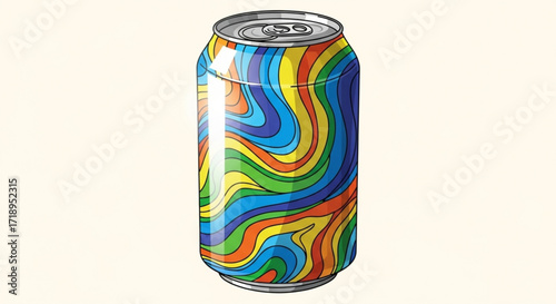 Colorful soda can illustration with rainbow swirl design for beverage and drink product marketing and advertisement