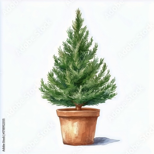 Green Christmas Tree in a Brown Pot on a White Background Ready for Holiday D...