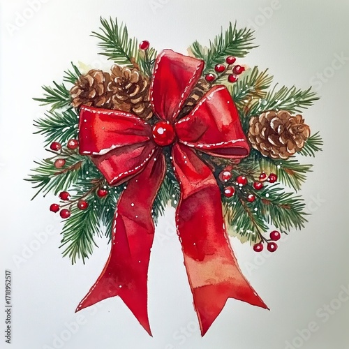 Beautiful Winter Arrangement With Red Bow, Pinecones, and Greenery for Festiv...