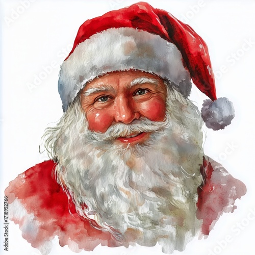 Santa Claus Smiling Warmly in a Festive Red Outfit With White Trim and a Matc...