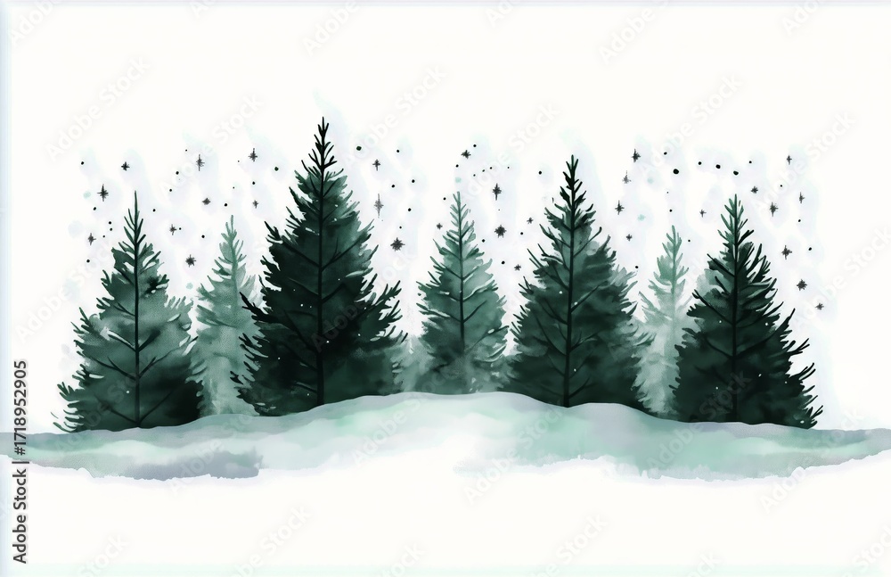 Naklejka premium Winter Forest Scene With Evergreen Trees and Snowfall in a Serene Landscape