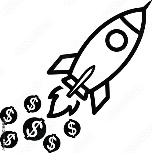Vector art of rocket ship launching with dollar signs trailing, representing startup success, rapid growth, and financial investment