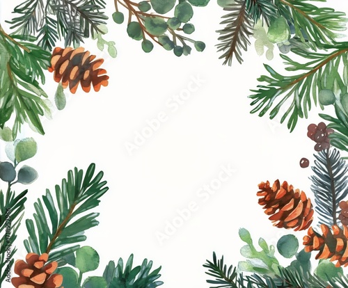 Colorful Watercolor Border With Pinecones and Evergreen Branches for Seasonal...